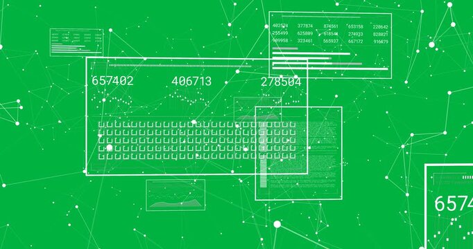 Animation of data processing on computer screens over transparent background