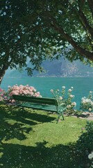 Painting of a lakeside scene featuring a green bench, flowers, trees, and mountains