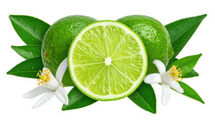 Two whole limes and a lime slice, with leaves and flowers,  in vibrant green