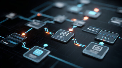 AI workflow automation artificial intelligence software interface nodes triggers data tool dashboard coding icon flow process technology 3d rendering. Stock Illustration