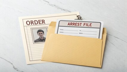 Arrest file and order form displayed on a marble surface showcasing a document folder and identification card