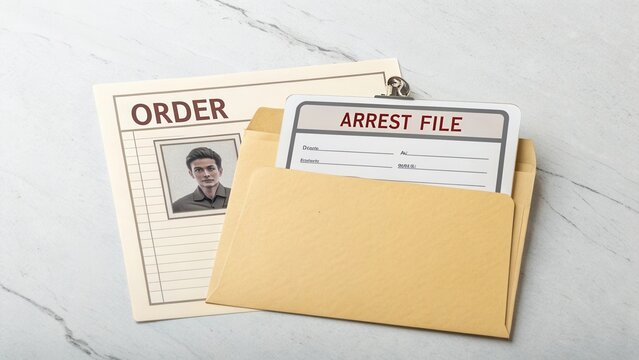 Arrest file and order form displayed on a marble surface showcasing a document folder and identification card
