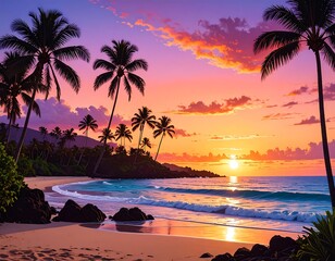 Beach sunset with silhouettes of palm trees, ocean waves, colorful sky