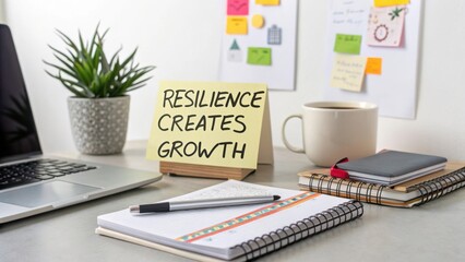 Obraz premium Inspirational Home Office Workspace with Note about Resilience and Growth on Desk Surrounded by Stationery and Plant