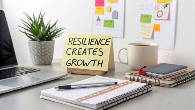 Inspirational Home Office Workspace with Note about Resilience and Growth on Desk Surrounded by Stationery and Plant