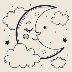 Cute cartoon crescent moon with closed eyes and a gentle smile surrounded by fluffy clouds and twinkling stars on a soft beige background