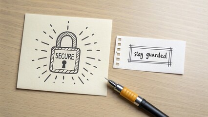 Hand-drawn lock symbol on a sticky note with the words stay guarded, promoting security awareness and safety concepts in everyday life