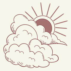 Stylized drawing of a sun peeking through fluffy clouds with a simple line art style and muted color palette