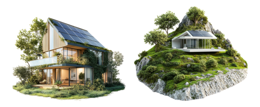 Modern Eco-Friendly Homes with Solar Panels on Rocky Terrain Isolated Transparent Background