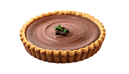 Round, dark chocolate tart with coffee accents.  Smooth, rich chocolate filling topped with coffee beans and mint leaves.  Golden-brown, fluted crust