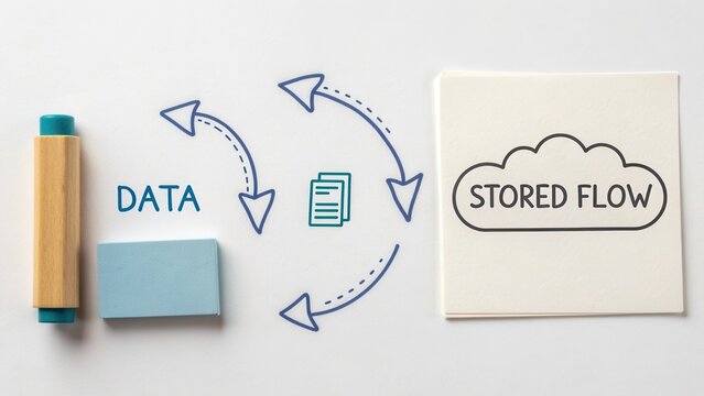 Conceptual illustration of data flow and storage management with marker, notepad, and clear arrows on white background