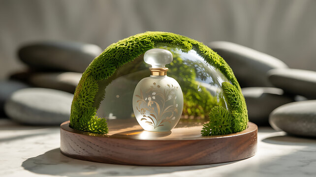 Elegant Perfume Bottle Displayed Under Glass Dome with Moss and Wooden Base, Surrounded by Smooth Stones, Highlighting Beauty and Natural Elements