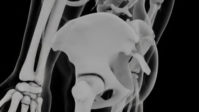 Anatomical illustration of the human pelvis and hip joint, showcasing the skeletal structure in detail.
