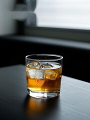 A glass of amber-colored cocktail with ice cubes on a dark wooden table near a window