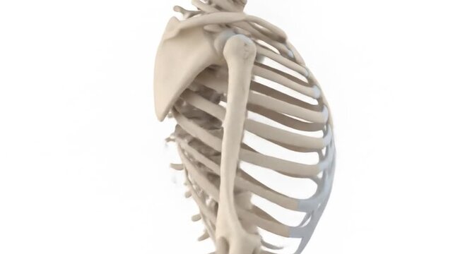 Anatomical illustration of the human skeletal structure, highlighting the rib cage and shoulder bones.