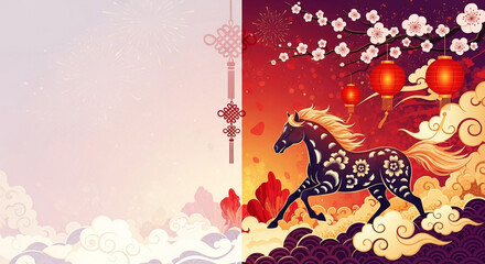 Vibrant chinese horse lanterns blossoms decorative pattern festive asian art composition