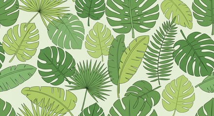 Fototapeta premium A vibrant, detailed illustration of various tropical leaves scattered across a light background.