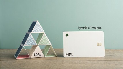 Creative representation of loan and home concepts using a pyramid structure and card on wooden table with green background