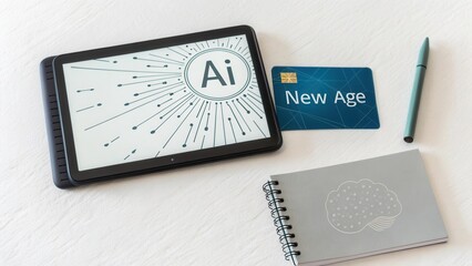 Modern Technology and Innovation Concept with AI Design, New Age Card, Notepad, and Pen on Light Background