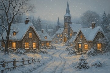 Cozy winter village scene illustration.