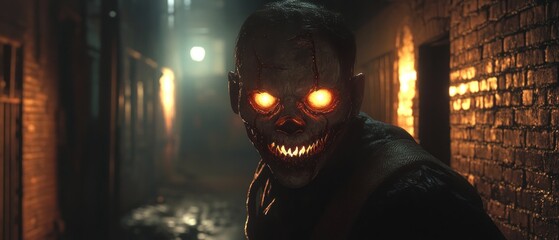 Creepy figure with glowing eyes in a dark alley