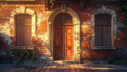 Brick Building with Wooden Door and Windows in Golden Sunlight