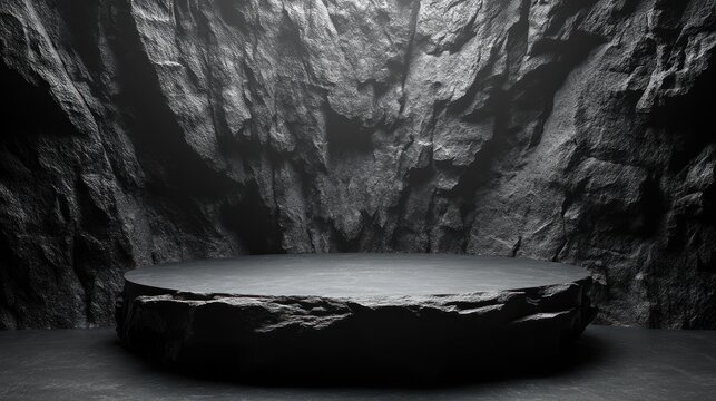 Black stone product display podium in a dark rocky cave.