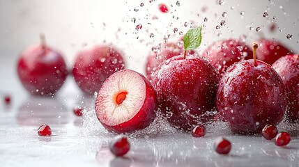 Fresh Ripe Red Plums with Water Splashing on a Reflective Surface.