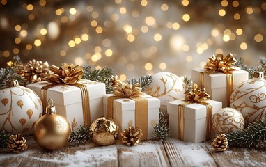 Elegant Gold and White Christmas Gifts with Ornaments on a Snowy Wooden Table.