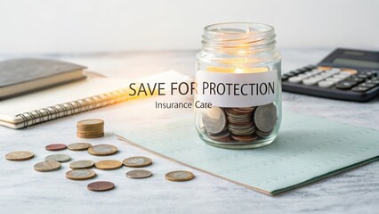 Savings Jar with Coins and Calculator on Table Representing Financial Planning and Insurance Care for Ultimate Protection