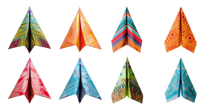 Vibrant Collection of Origami Paper Airplanes on White Background, PNG bundle collection, Isolated on Transparent Background