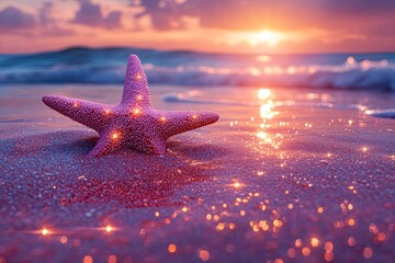 Magical pink starfish on a glittering beach at sunset.