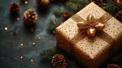 Elegant Christmas gift box with golden ribbon and festive decorations.