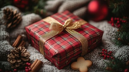 Cozy Christmas scene with a plaid gift box and festive decorations.