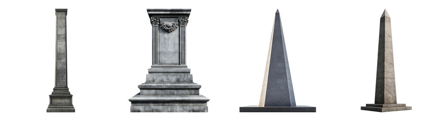 Diverse Set of Monument Designs for Historical Commemorations, PNG bundle collection, Isolated on Transparent Background