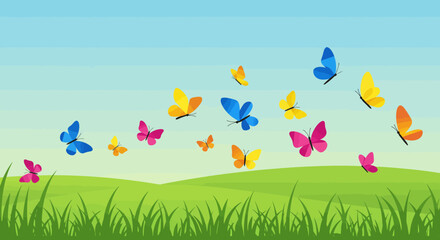 Colorful butterflies fluttering across a vibrant green meadow on a sunny day
