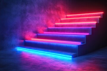 Futuristic Neon Lit Staircase with Glowing Blue and Pink Lights.