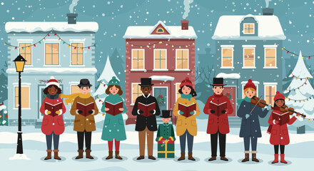 Holiday Harmony A Festive Caroling Scene in a Snowy Neighborhood