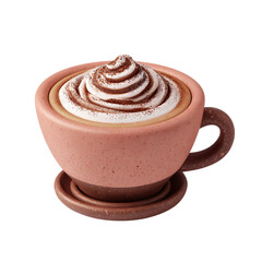 Latte with whipped cream in a pink ceramic cup with isolated.