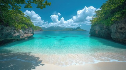 Idyllic tropical paradise beach with turquoise water and cliffs.