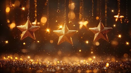 Five Golden Stars Hanging on a Glittering Background.