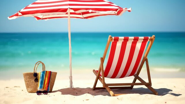 Beach Chair and Umbrella on Sandy Beach Near the Ocean on a Sunny Day