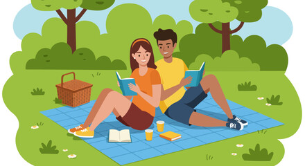 Couple's Relaxing Picnic Reading Books Together in the Park