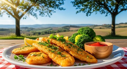Delicious fish and chips with broccoli and ketchup outdoors