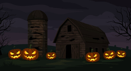 Spooky Farm Jack-o'-Lanterns Glowing in the Dark with Old Barn Background © Miu Studio