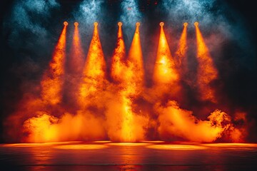 Vibrant Orange Spotlights Illuminate a Smoky Stage Floor.