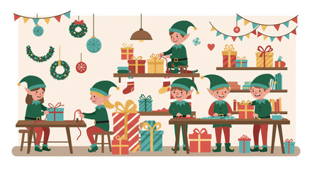 Santa's Workshop Elves Preparing Gifts for Christmas in a Festive Setting