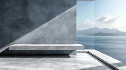 Minimalist concrete podium stage for product display with scenic sea and mountain view background.