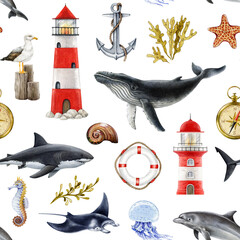 Marine theme seamless pattern design element on white background. Hand drawn lighthouse, whale, dolphin, shark, anchor watercolor illustration. Sea life mood elements vintage style seamless pattern