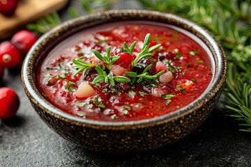 Festive homemade cranberry sauce with fresh rosemary and herbs in a rustic ceramic bowl for Christmas dinner.